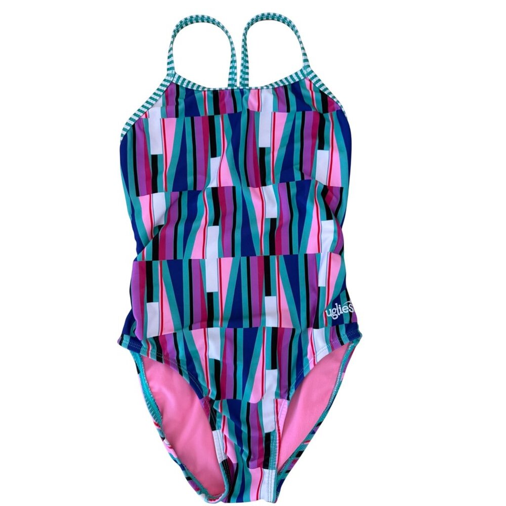 SIZE 28 Dolohin Uglies String Back Geometric Print Pink Green One Piece Swimsuit - Picture 2 of 8